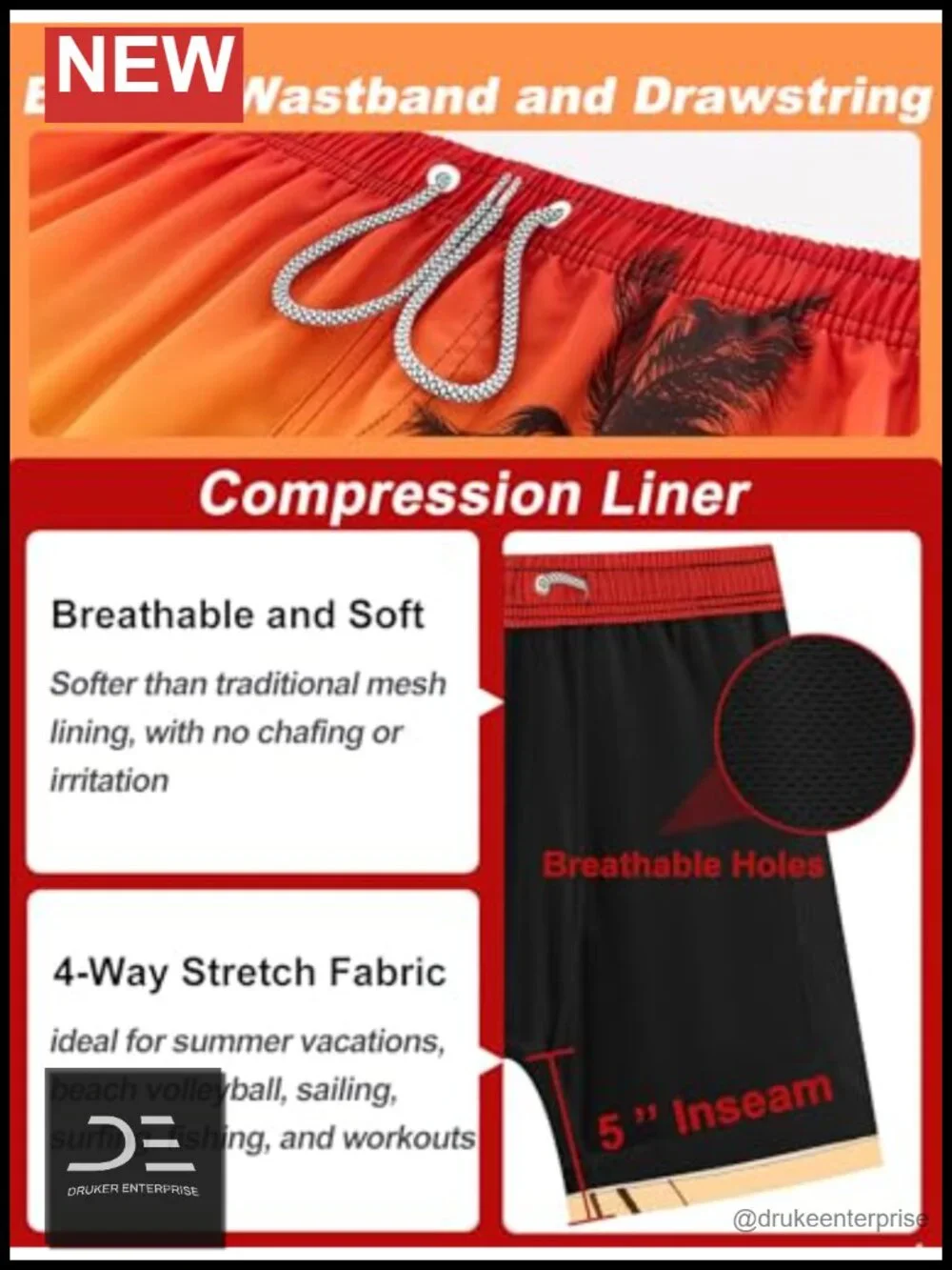 Mens Swim Trunks with Compression Liner 5 Inseam Quick Dry 2 in 1 Board Shorts